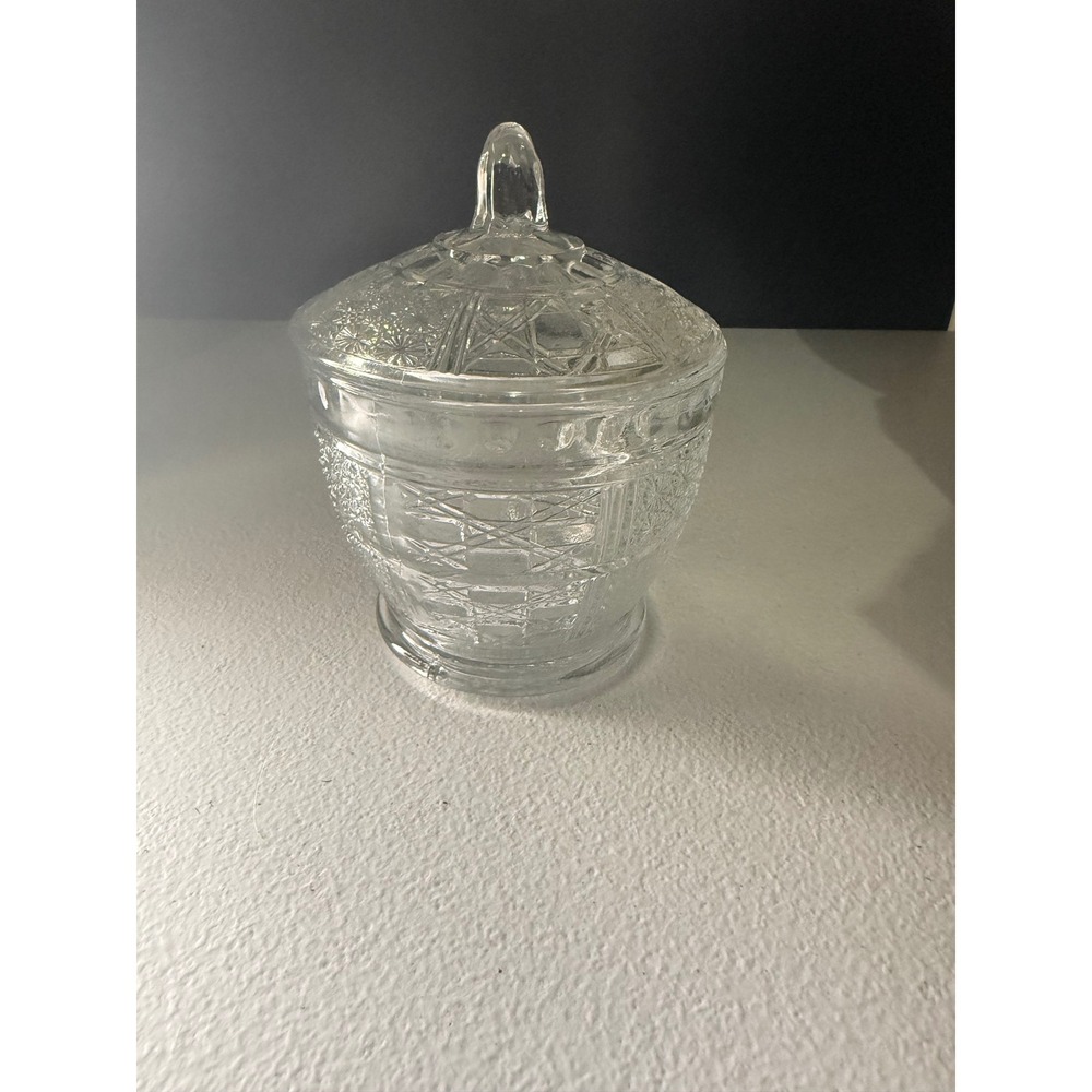 Vintage Clear Pressed Glass Candy Dish Starburst Crosshatch Lidded Jar 4.5 Inch